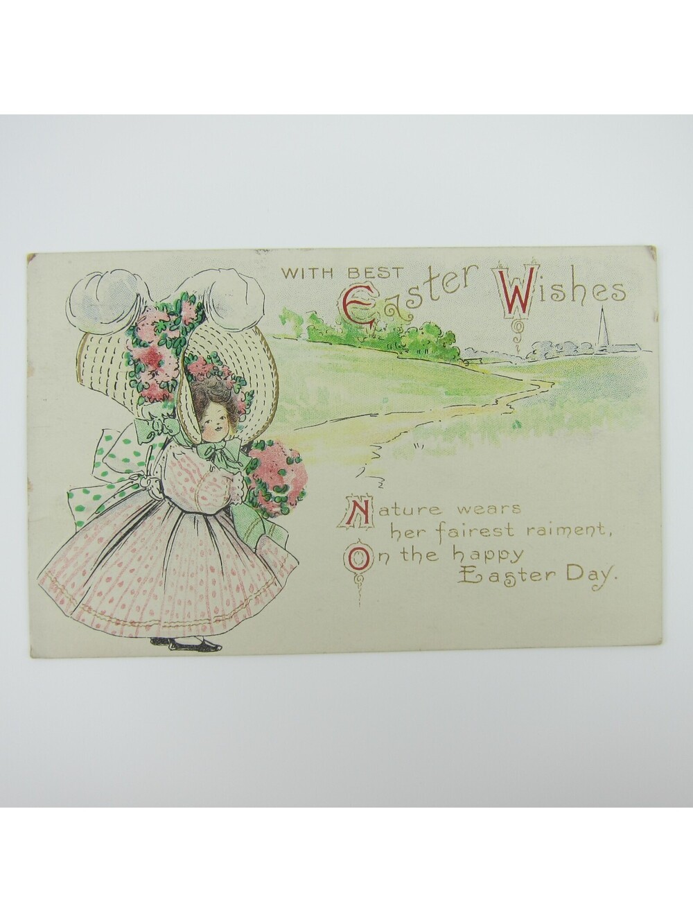 Easter Postcard Girl Feather Bonnet Pink & Green Dress Pink Flowers Antique 1910